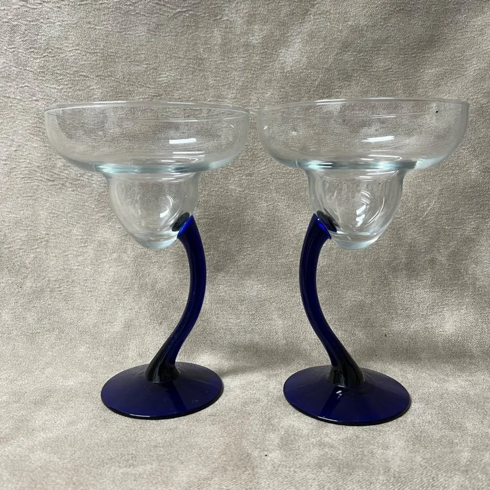 LIBBEY Cobalt Blue 2 BRAVURA Margarita Champagne Curved Stem Glasses 7 1/4 
